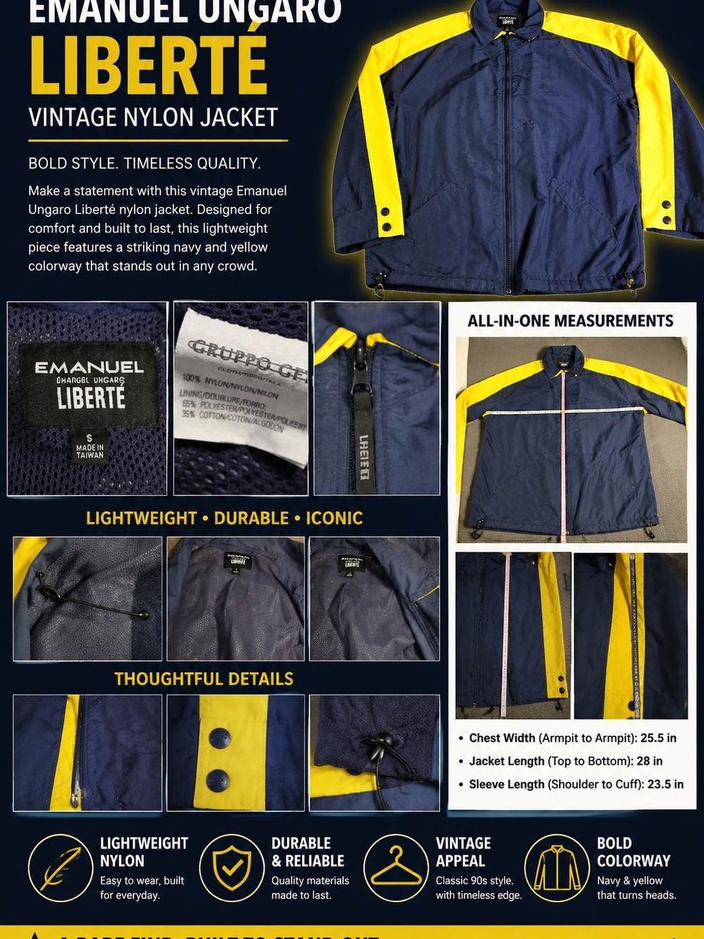 Emanuel Ungaro Liberté Navy & Yellow Vintage Nylon Jacket SMALL